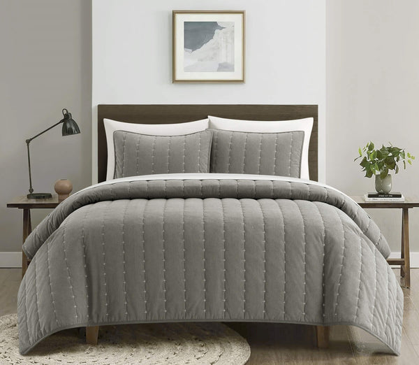 Chic-Home-Jalla 3 Piece Embroidered Corduroy Quilt Set-Grey