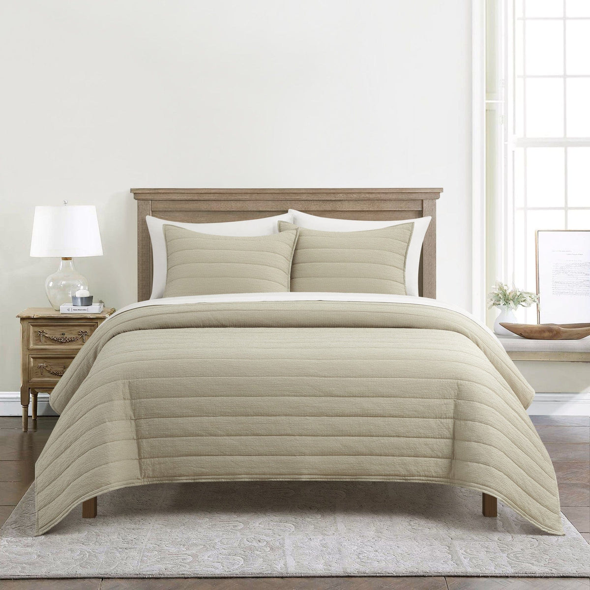 Chic-Home-Maliah 3 Piece Textured Seersucker Quilt Coverlet Set-Beige