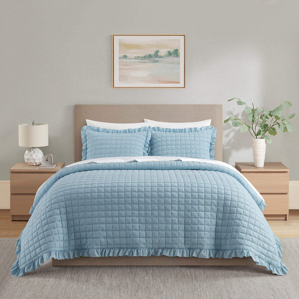 Chic-Home-Revel 3 Piece Diamond Stitched Crinkle Quilt Set-Blue