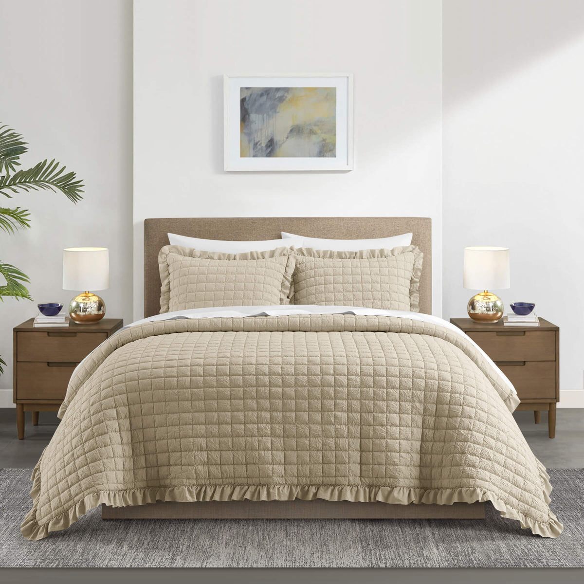 Chic-Home-Revel 7 Piece Diamond Stitched Crinkle Quilt Set-Beige