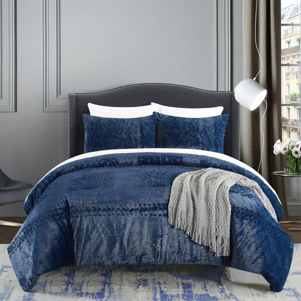 Chic Home Amara 3 Piece Faux Fur Comforter Set Navy