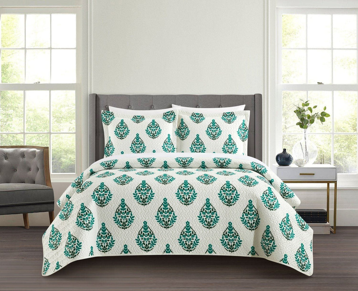 Chic Home Breana 3 Piece Floral Medallion Print Quilt Set Green