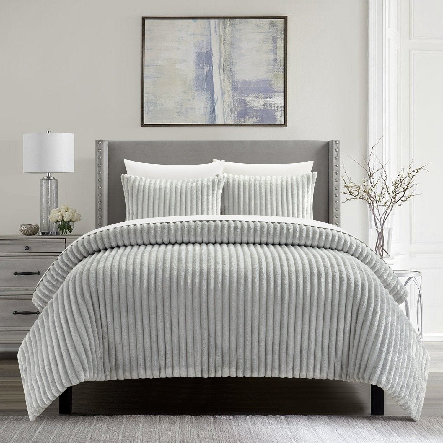 Dark Grey Queen Comforter Set 7 Pieces Stripe Comforter Sets with