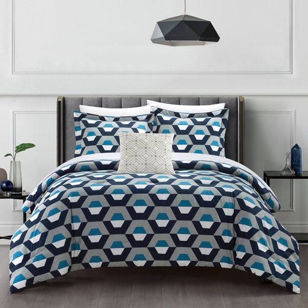 Chic Home Miles 4 Piece Geometric Pattern Comforter Set Blue