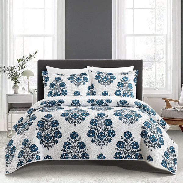 Chic Home Morris 7 Piece Floral Medallion Print Quilt Set Blue