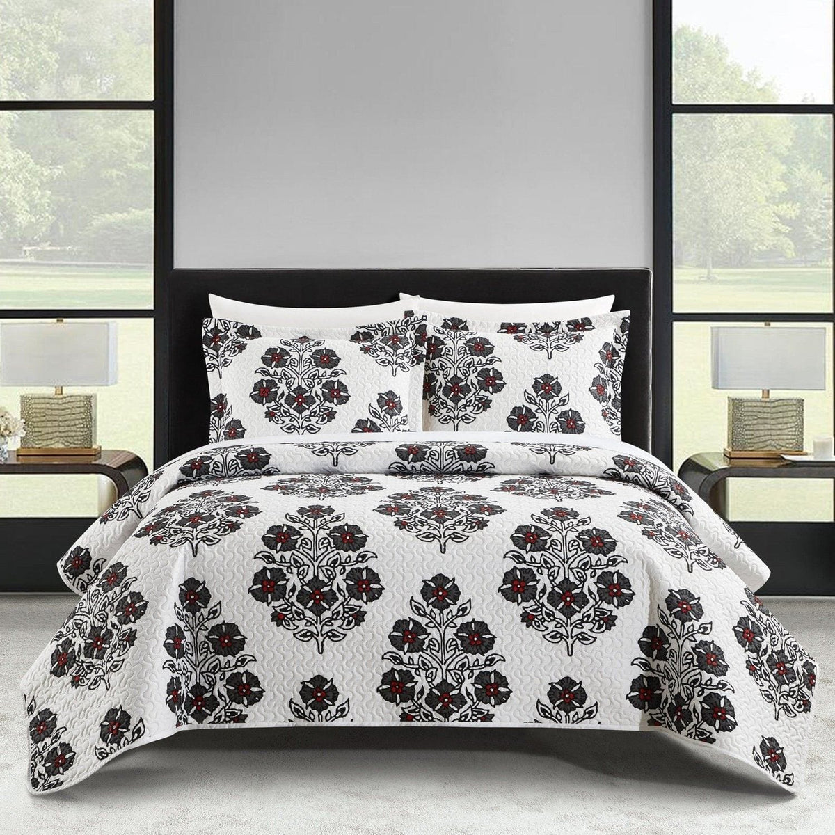 Chic Home Morris 7 Piece Floral Medallion Print Quilt Set Grey