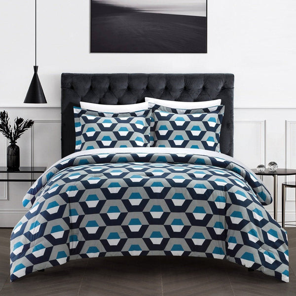 Chic Home Tudor 7 Piece Geometric Pattern Duvet Cover Set Blue