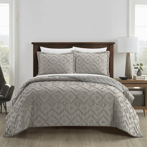 NY&C Home Cody 3 Piece Clip Jacquard Cotton Quilt Set Grey