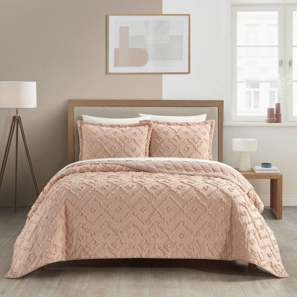 NY&C Home Cody 7 Piece Clip Jacquard Cotton Quilt Set Dusty Rose