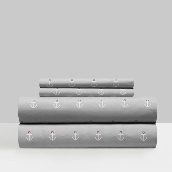 NY&C Home Marina 4 Piece Anchor Pattern Sheet Set Grey