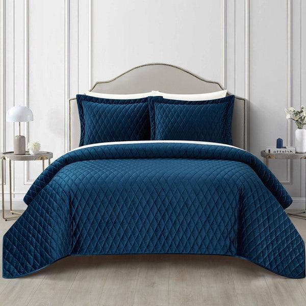 NY&C Home Wafa 3 Piece Velvet Quilt Set Blue