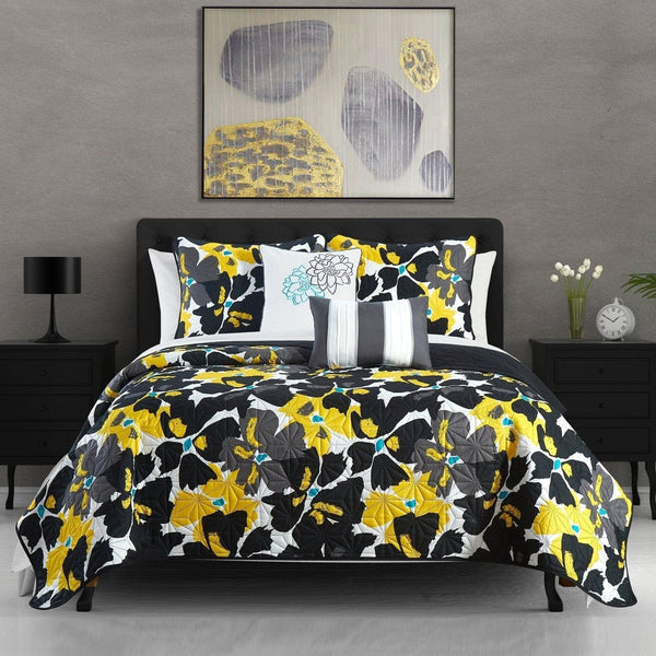 Chic Home Aster 5 Piece Floral Quilt Set Black