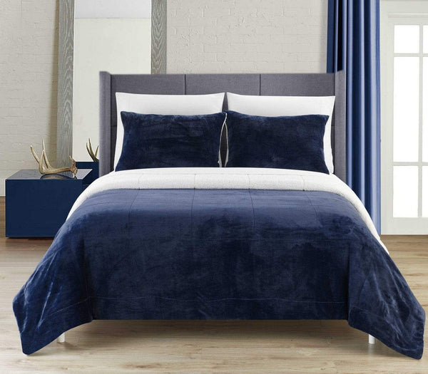 Chic Home Evie 3 Piece Blanket Set Ultra Plush Micro Mink Patchwork Stitched Bedding Navy