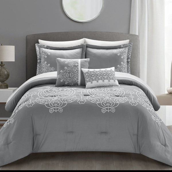 Chic Home Gigi 9 Piece Embroidered Comforter Set Grey