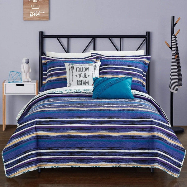 Chic Home Jaden 5 Piece Reversible Quilt Set Blue