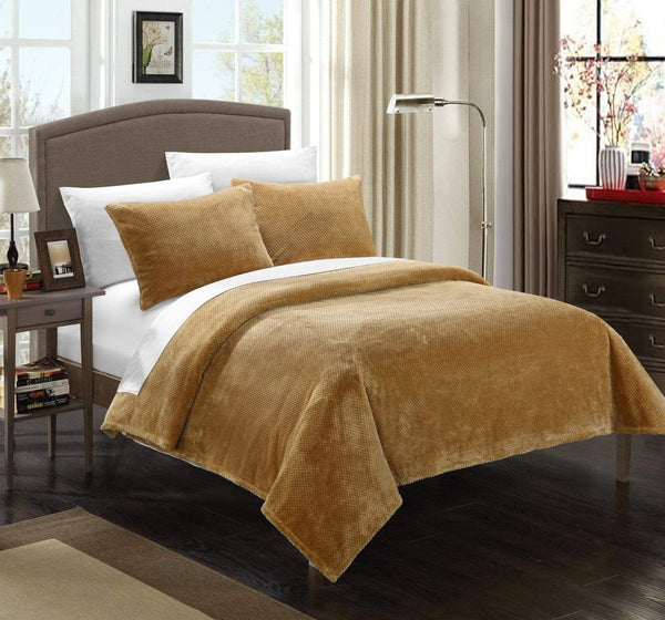 Chic Home Luxembourg 3 Piece Blanket Set Ultra Plush Micro Mink Waffle Textured Bedding Camel 