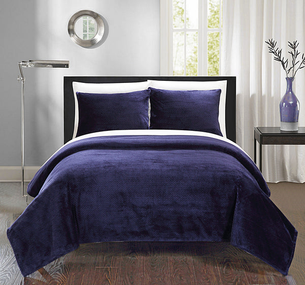 Chic Home Luxembourg 3 Piece Blanket Set Ultra Plush Micro Mink Waffle Textured Bedding Navy