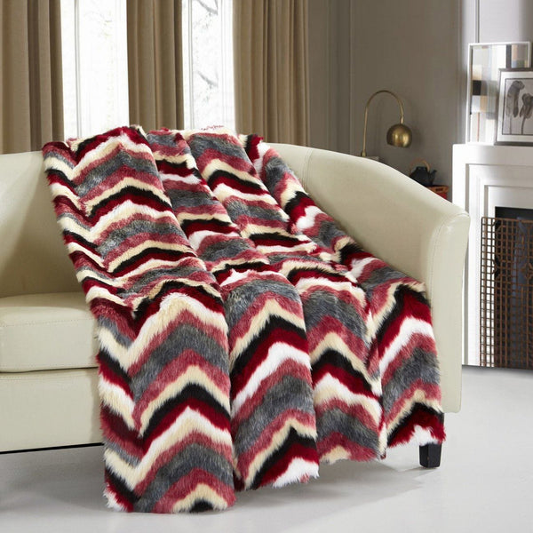 Chic Home Orna Throw Blanket Striped Chevron Shaggy Faux Fur Design Red