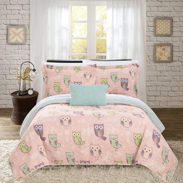 Chic Home Owl Farm 4 Piece Cute Owl Quilt Set Pink