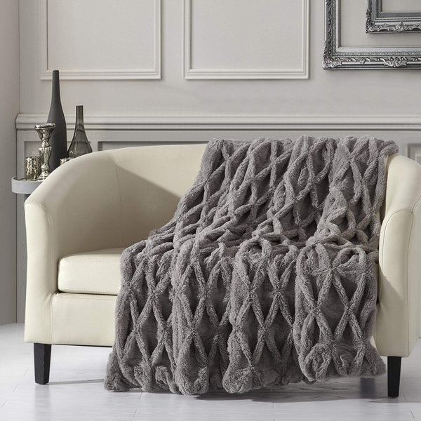 Chic Home Shifra Pinch Pleat Faux Fur Throw Blanket Grey