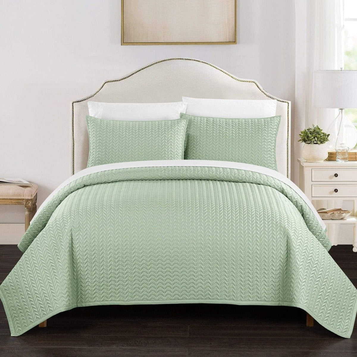 Chic Home Weaverland 7 Piece Stitched Quilt Set Green