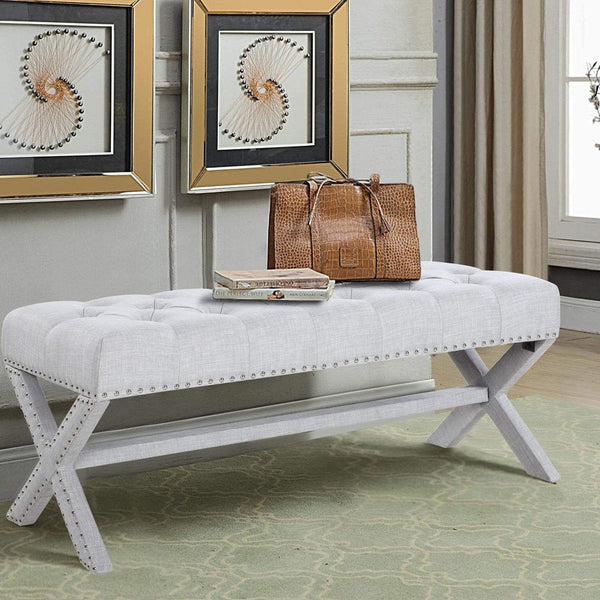 Iconic Home Dalit Tufted Linen Bench X-Frame Grey