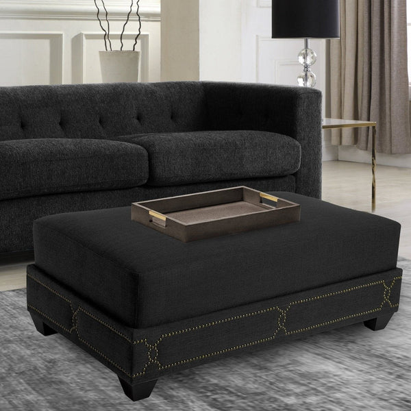 Iconic Home Gianni Linen Ottoman Nailhead Trim Black