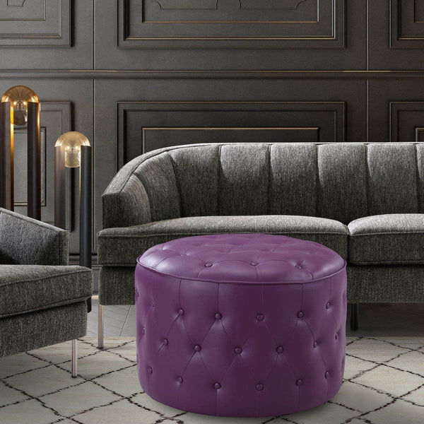 Iconic Home Marley Tufted Faux Leather Round Ottoman Pouf Purple