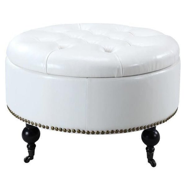 Iconic Home Mona Tufted Faux Leather Round Storage Ottoman 