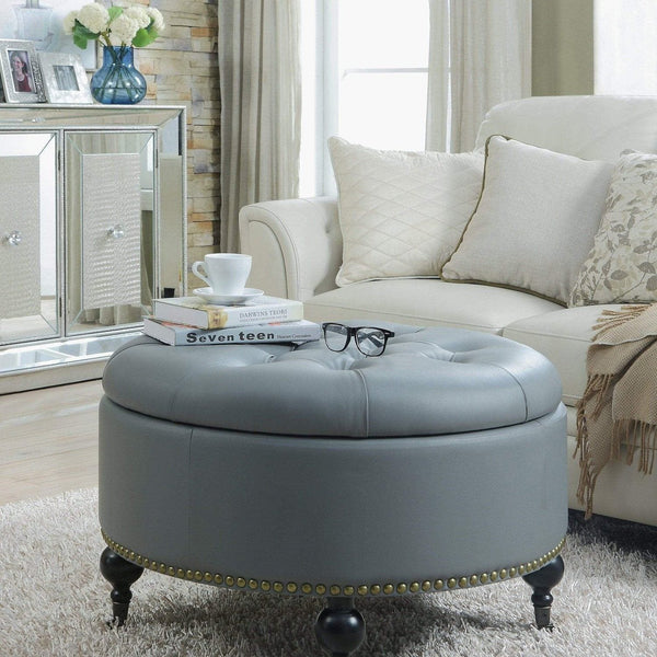 Iconic Home Mona Tufted Faux Leather Round Storage Ottoman Grey