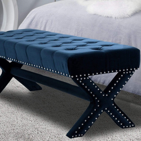 Iconic Home Neil Tufted Velvet Bench X-Frame Navy