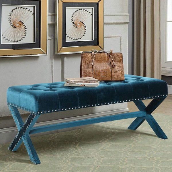 Iconic Home Neil Tufted Velvet Bench X-Frame Green