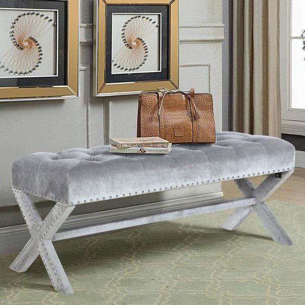 Iconic Home Neil Tufted Velvet Bench X-Frame Grey