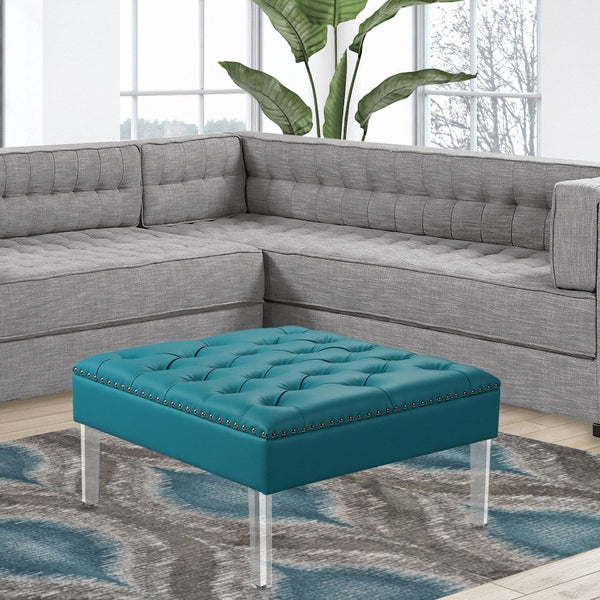 Iconic Home Pierre Faux Leather Square Ottoman Center Table Aqua