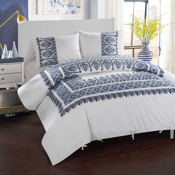 Chic Home Sarita Garden 3 Piece 100% Cotton Duvet Cover Set Ikat Aztec Inspired Pattern Print Navy Full/Queen